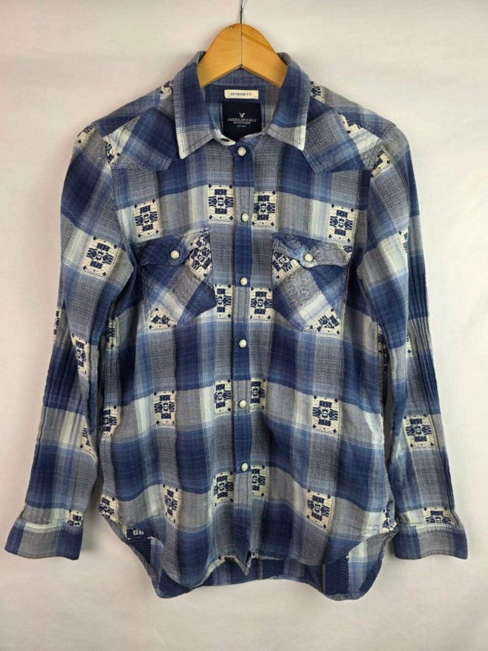 American Eagle Womens Shirt Size Small Blue Plaid Boyfriend Snap Down Western
